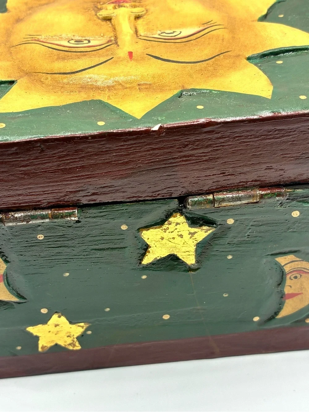 Vintage Folk Art Celestial Sun Moon Yin Yang Wooden Trinket Box